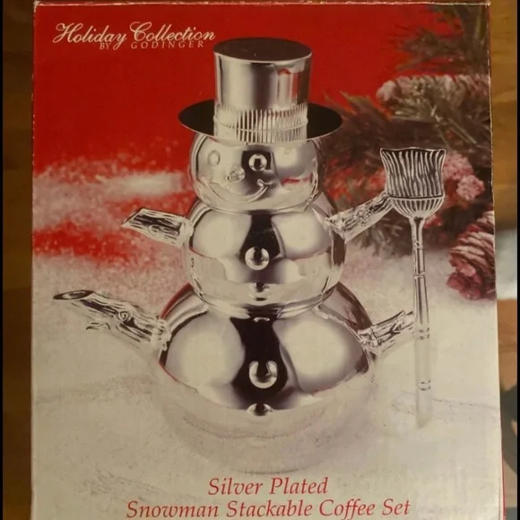 Vintage New Godinger Holiday Collection 4 Piece Silver Plated Snowman Coffee Set - Picture 1 of 2